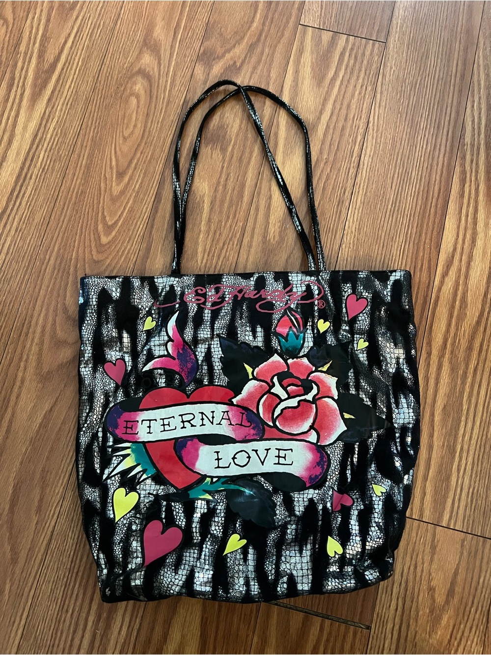 Ed Hardy Vintage Eternal Love Floral Graphic Tote Bag -